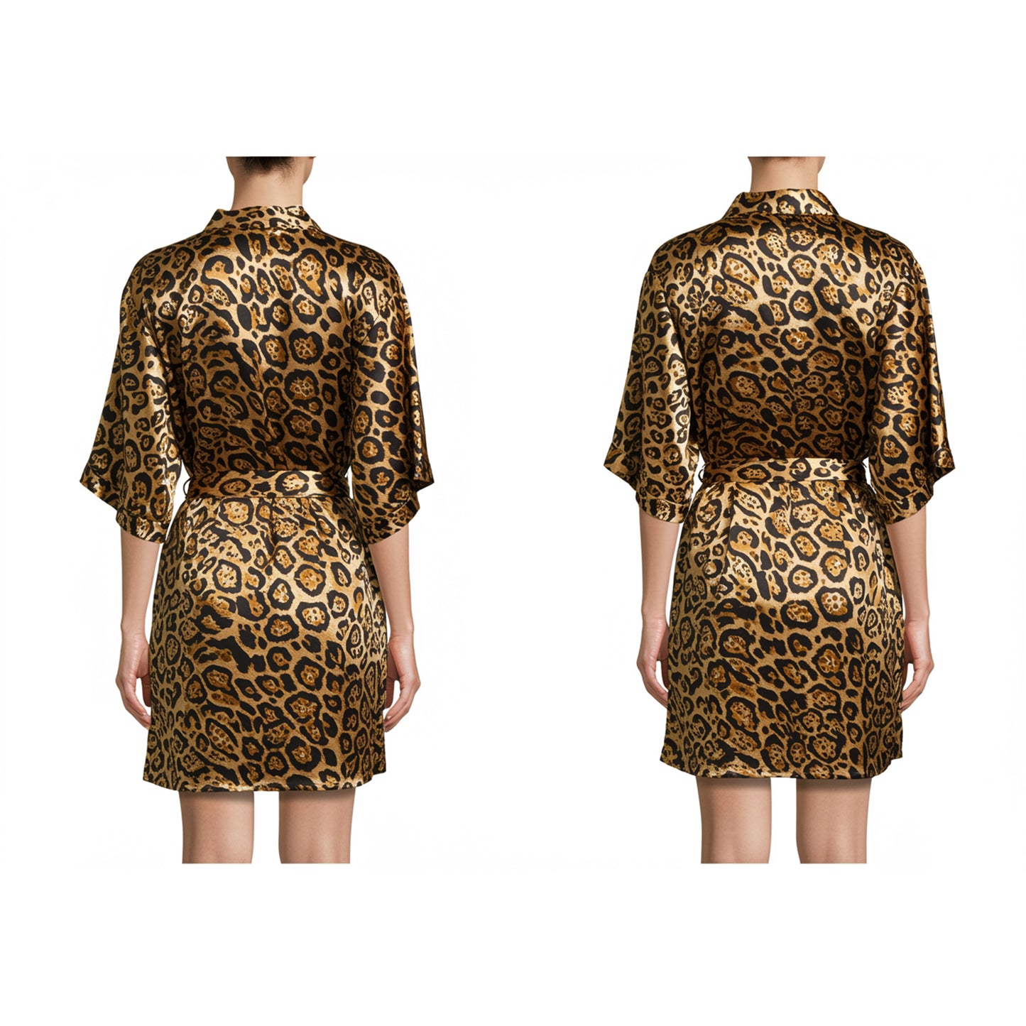 Rear angle of leopard print satin women’s robe with knee-length cut