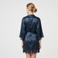 Back view of navy satin lace robe with elegant lace hem detailing