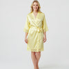 Yellow satin lace robe for women with elegant wrap design and lace trim