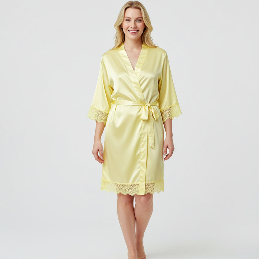 Yellow satin lace robe for women with elegant wrap design and lace trim