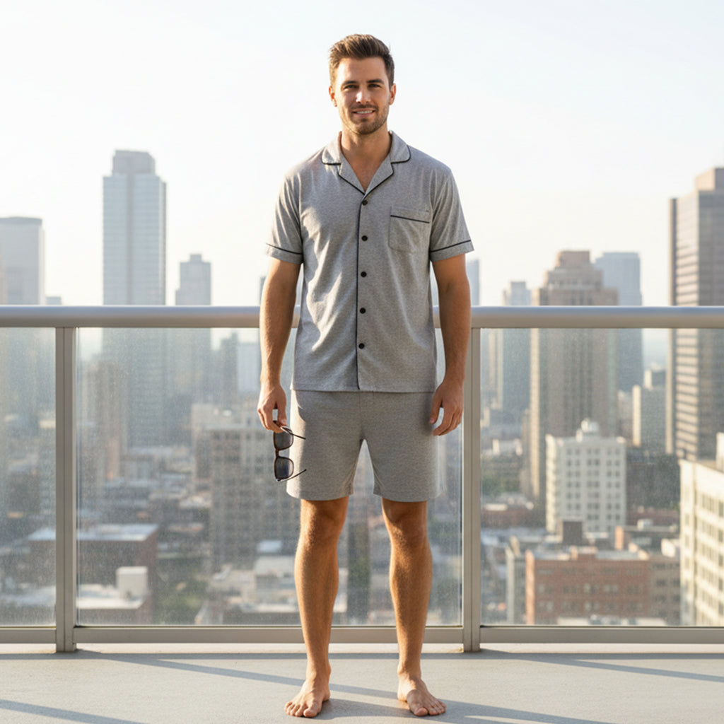 Man in gray pajama set standing on a rooftop with city skyline in the background