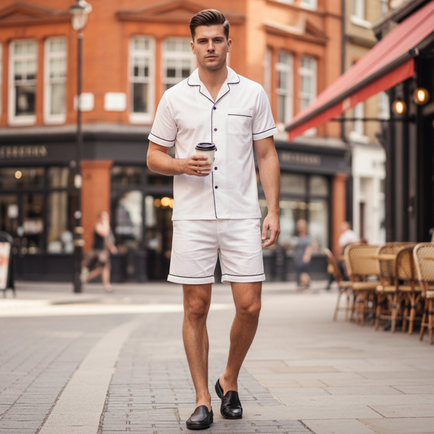 Man in a white outfit holding a coffee cup on a city street.