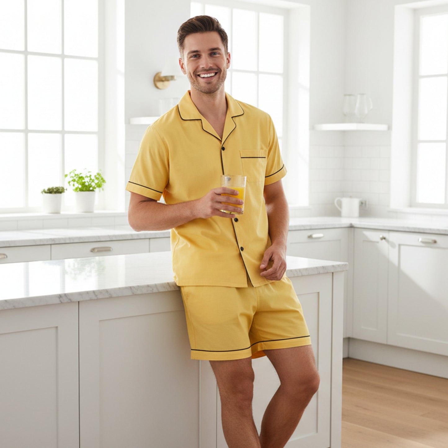 Man in yellow pajama set holding a glass in a kitchen