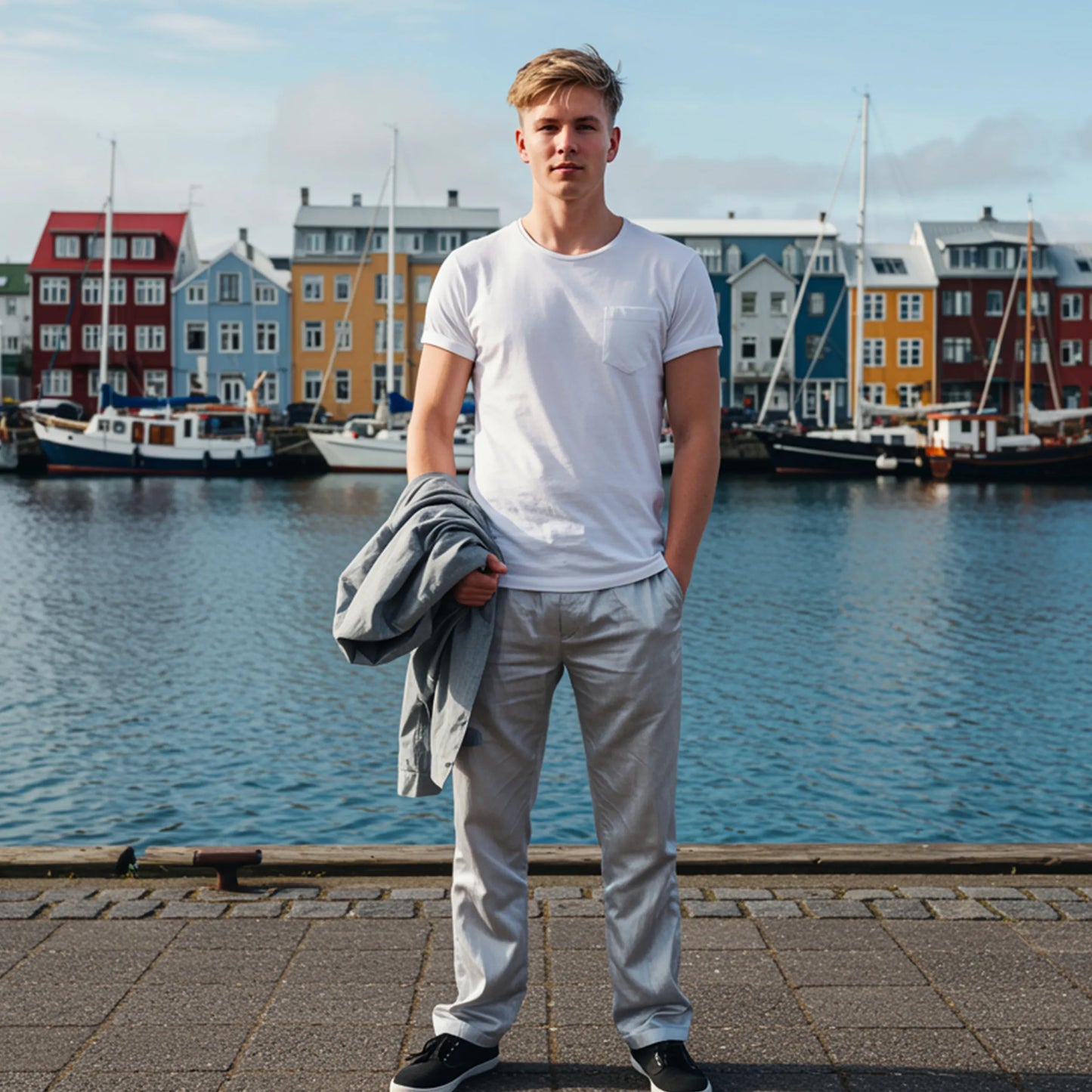 Man standing by a waterfront with colorful buildings in the background