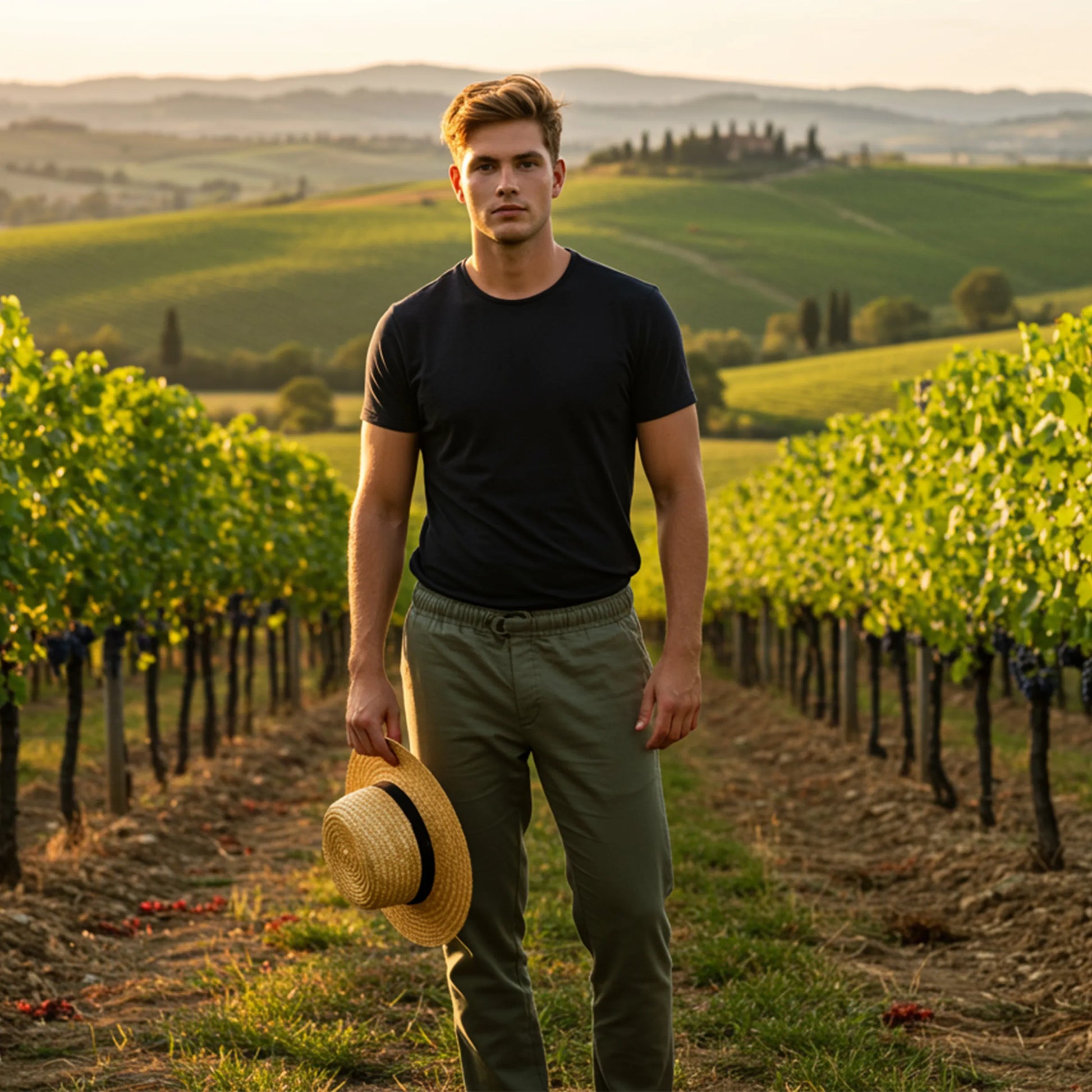 Man standing in a vineyard holding a straw hat with a scenic background