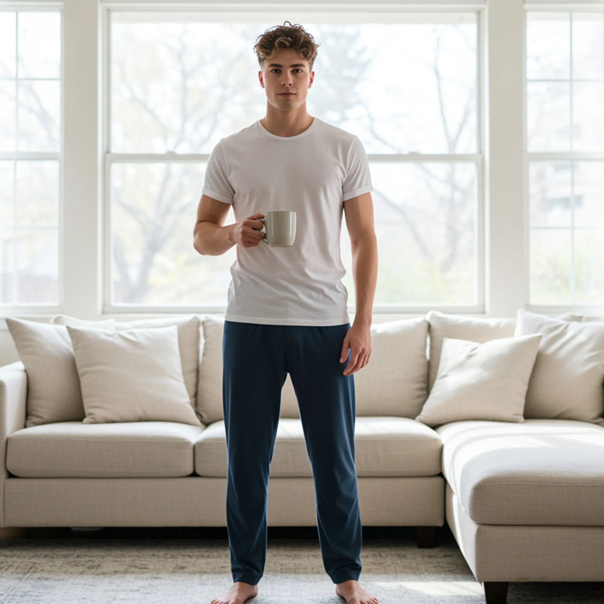 Man holding a mug in a living room with large windows
