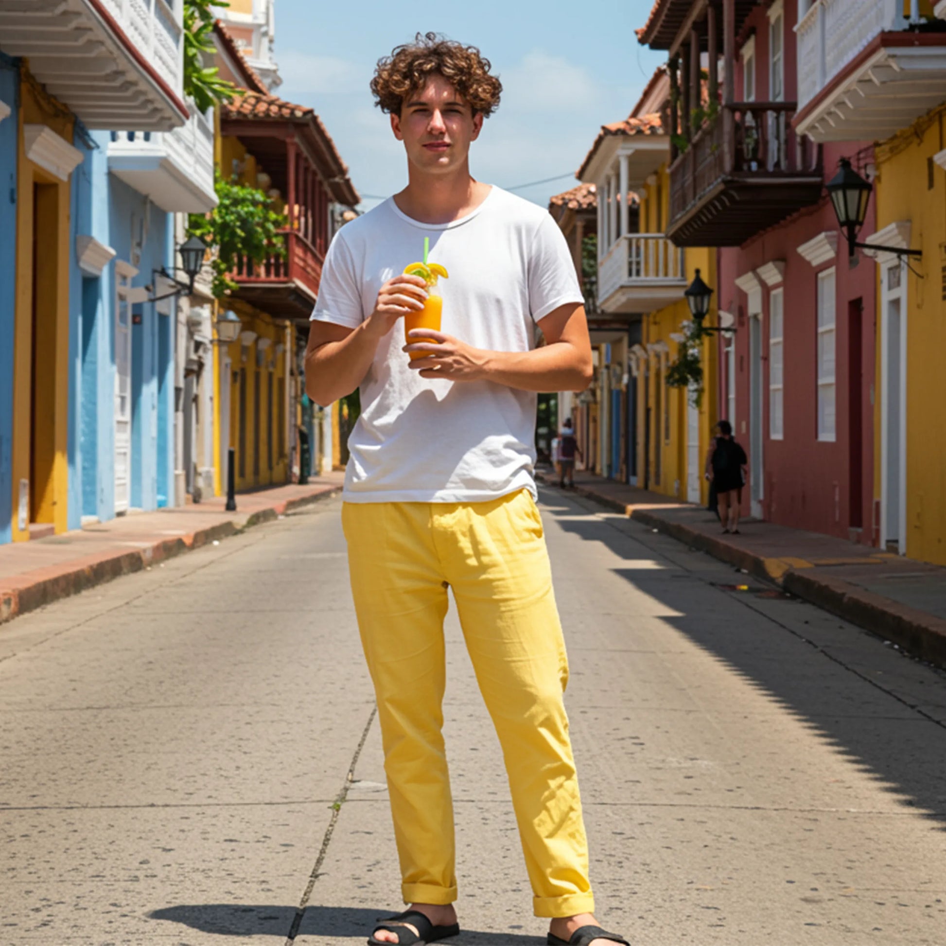 Man holding a drink on a colorful street in a tropical location