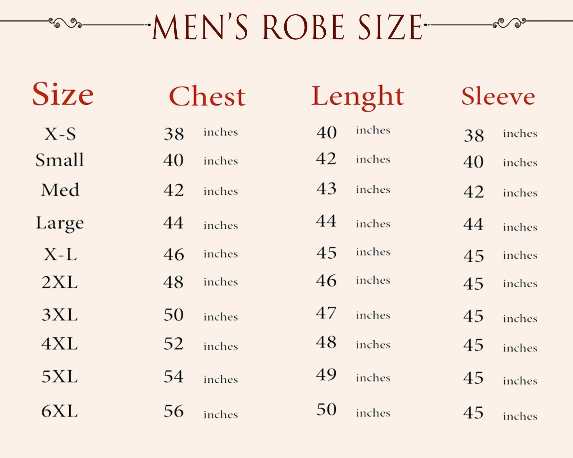 Men's  Robe Size Chart Guide 