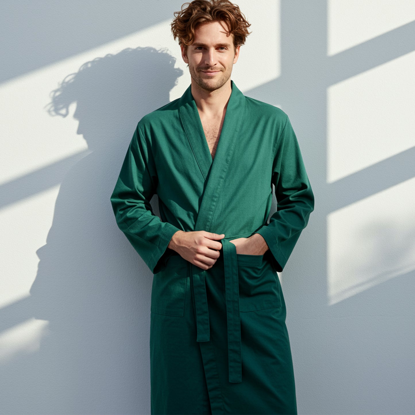 Men’s premium cotton robe in dark green – front view