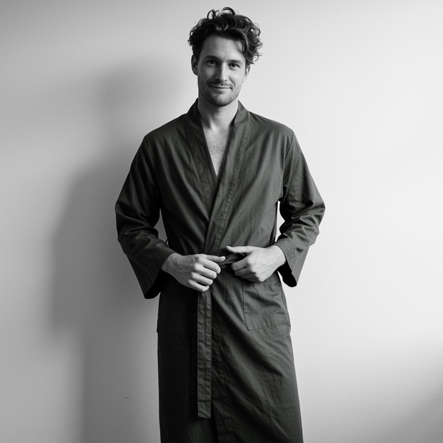 “Men’s premium cotton kimono robe in dark green – front view