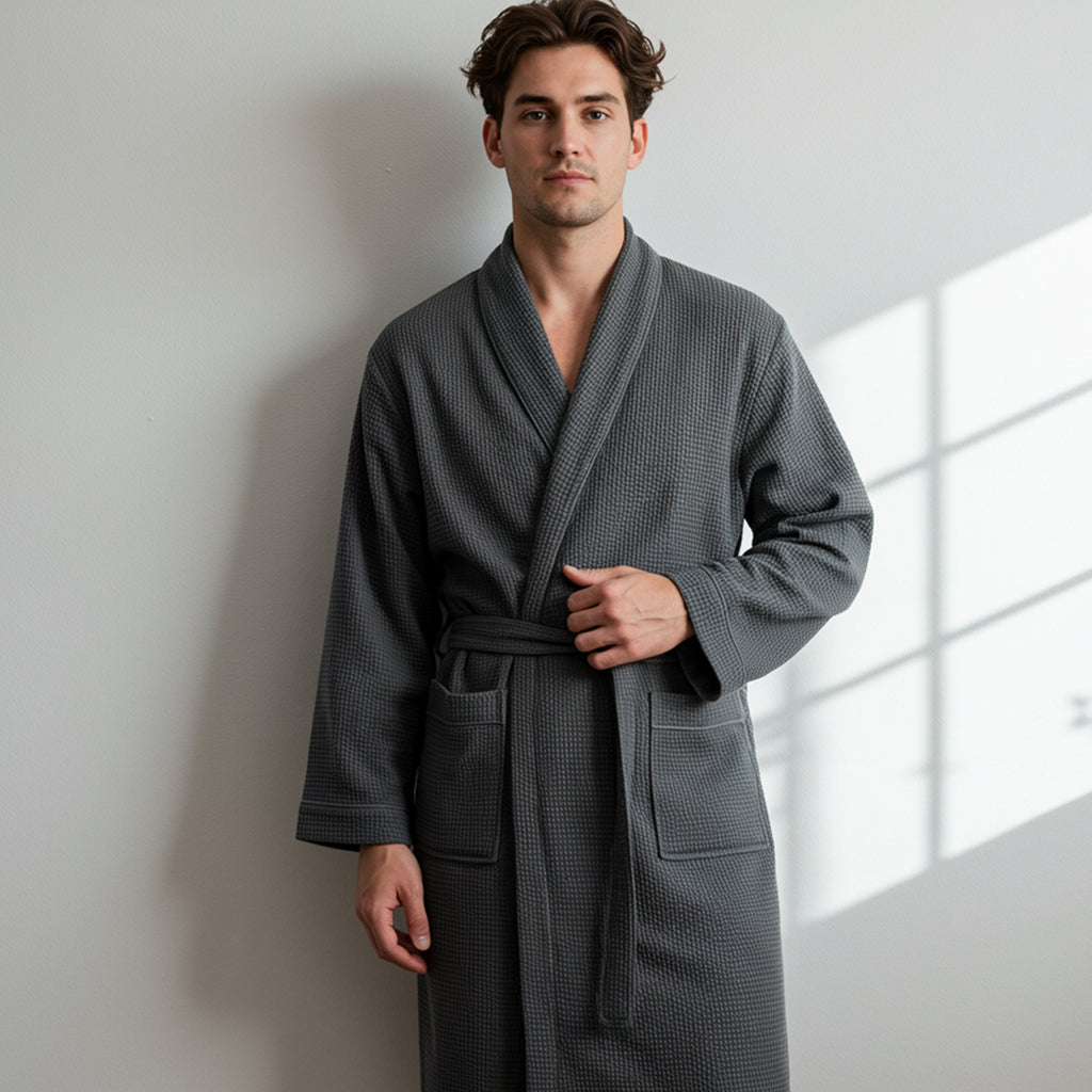 Men wearing grey waffle  cotton bath robe with belt and pockets