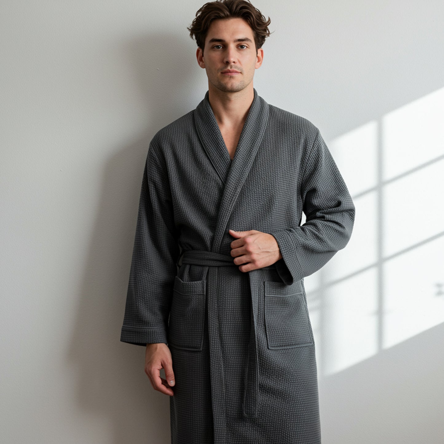 Men wearing grey waffle  cotton bath robe with belt and pockets