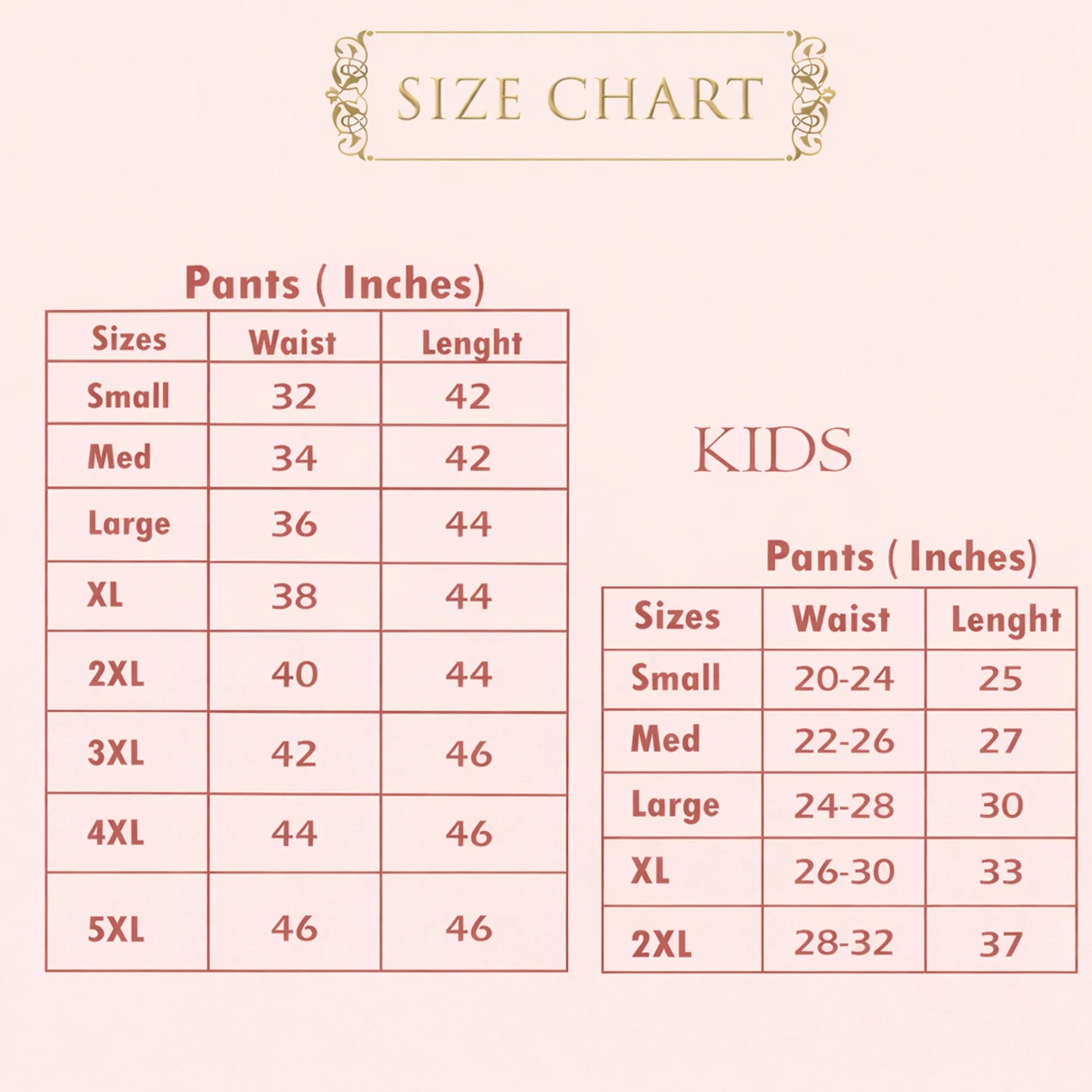 Size chart for pants in inches with a decorative border on a light pink background.