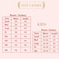 Size chart for pants in inches with a decorative border on a light pink background.