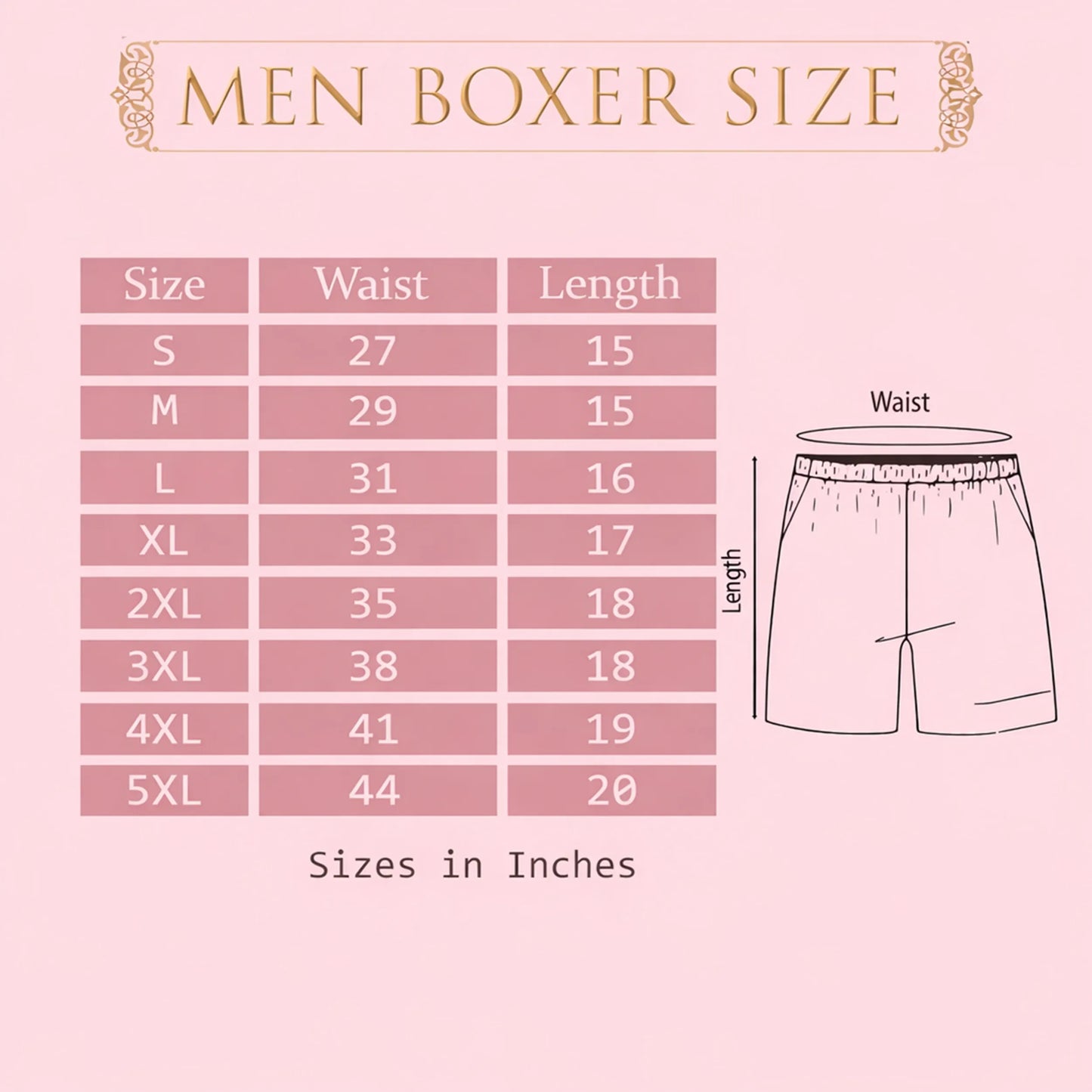 Men's boxer size chart with waist and length measurements on a pink background