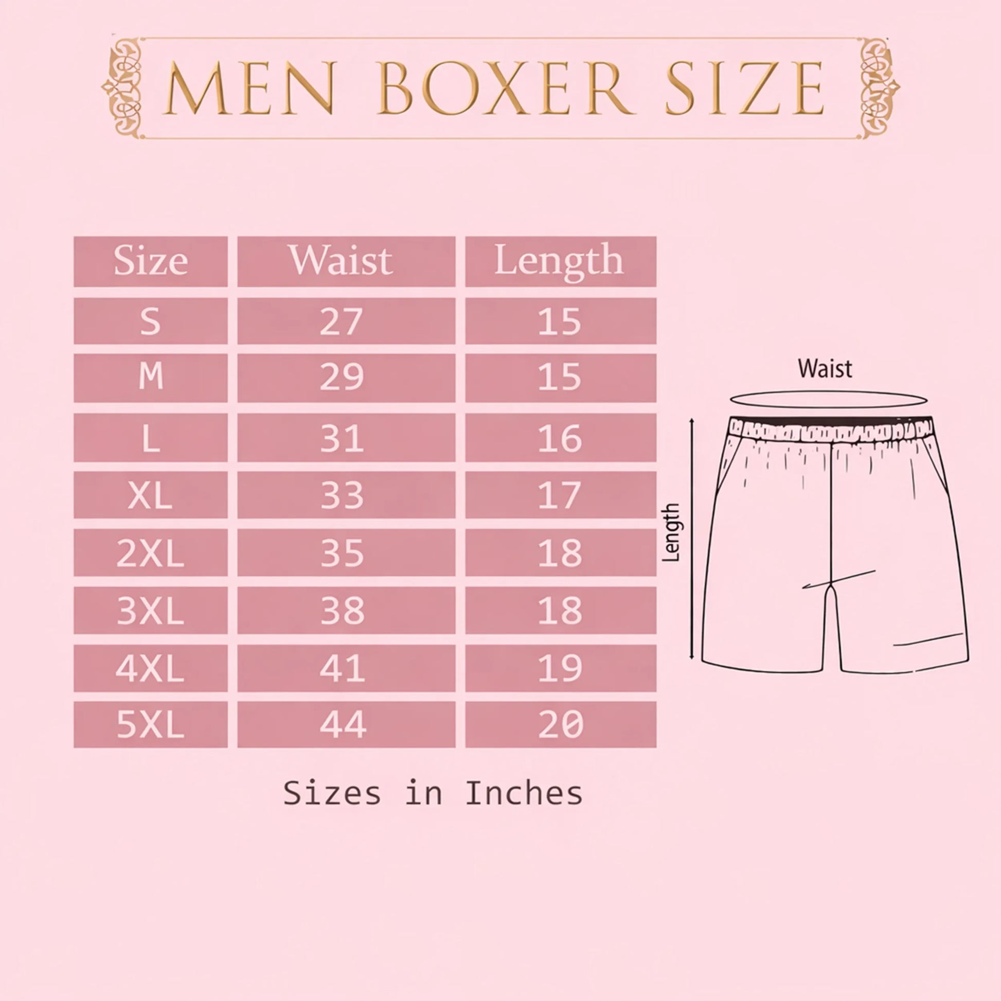 Men's boxer size chart with waist and length measurements on a pink background