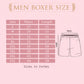 Men's boxer size chart with waist and length measurements on a pink background