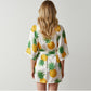 Back view of pineapple print satin robe with kimono sleeves