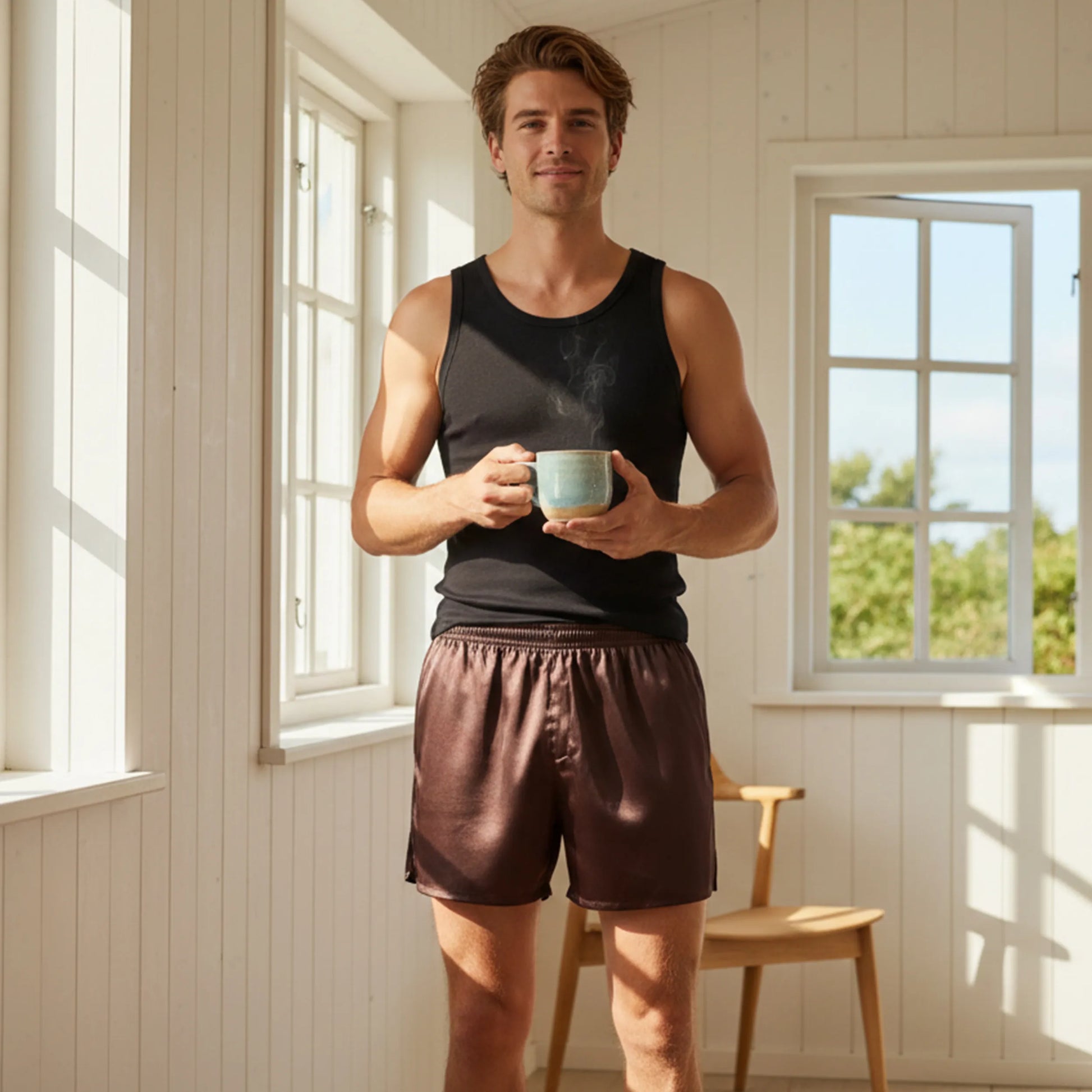 Man holding a mug in a bright room with large windows
