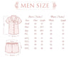 Men's size chart for shirts and pants with measurements on a white background