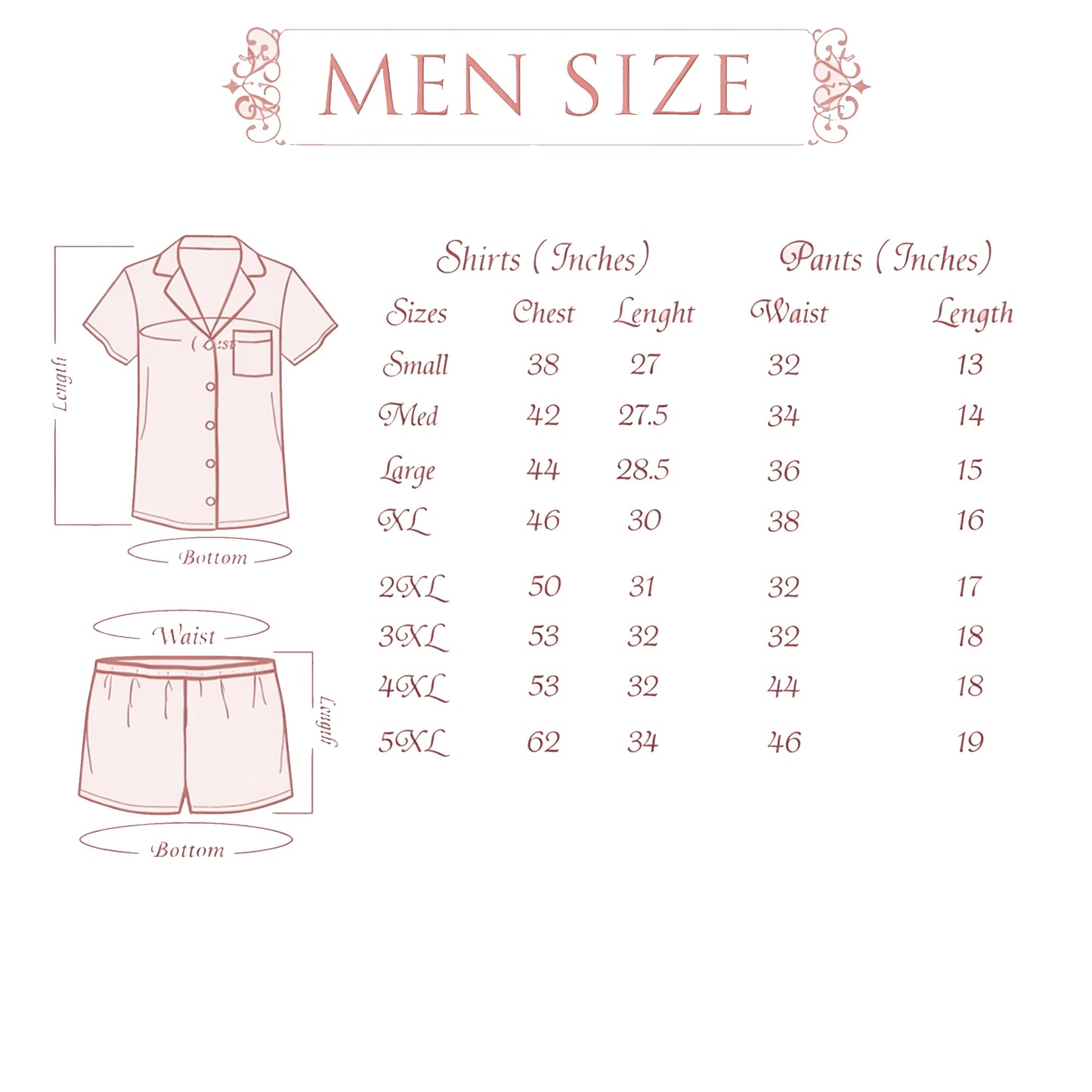 Men's size chart for shirts and pants with measurements on a white background