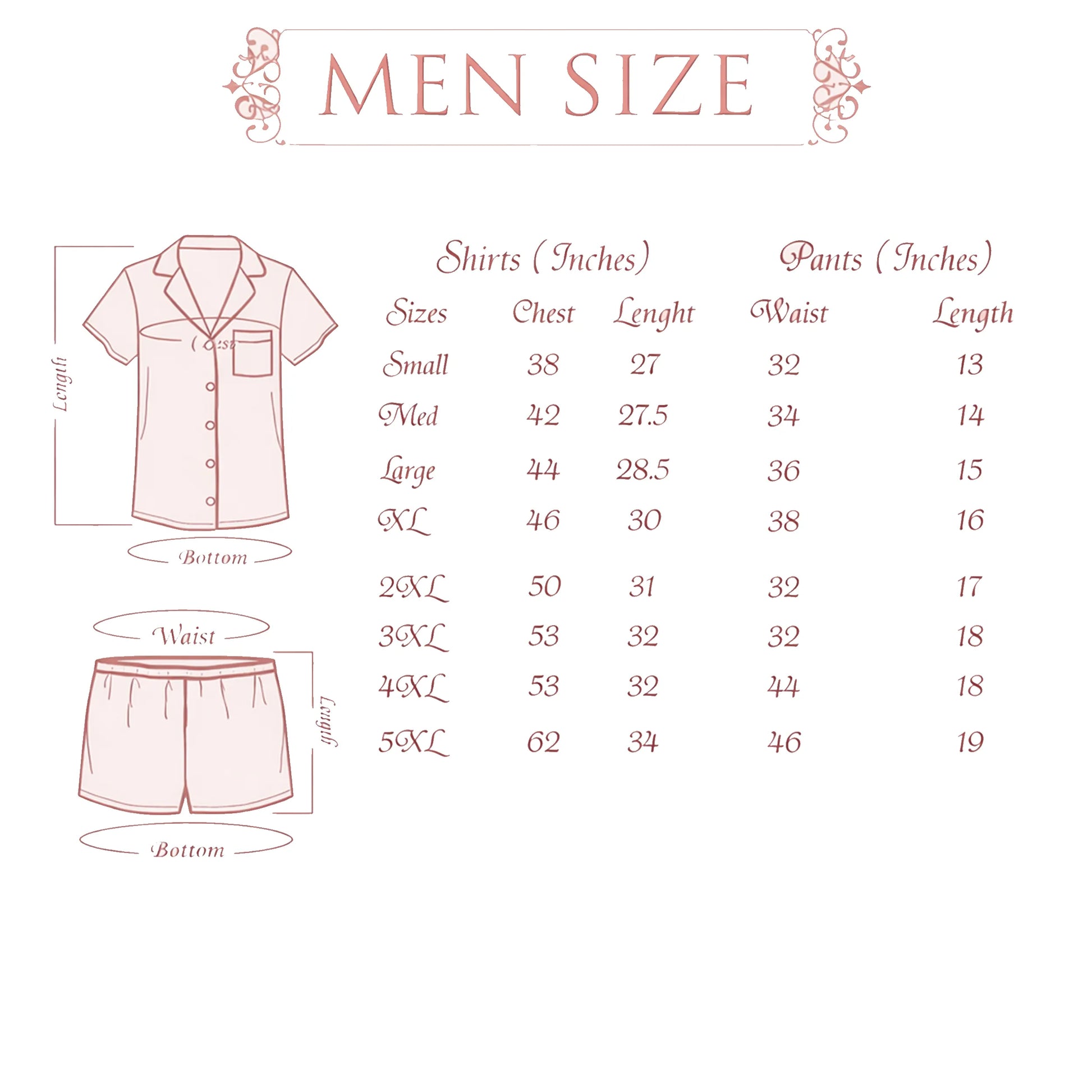 Men's size chart for shirts and pants with measurements on a white background