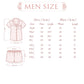 Men's size chart for shirts and pants with measurements on a white background