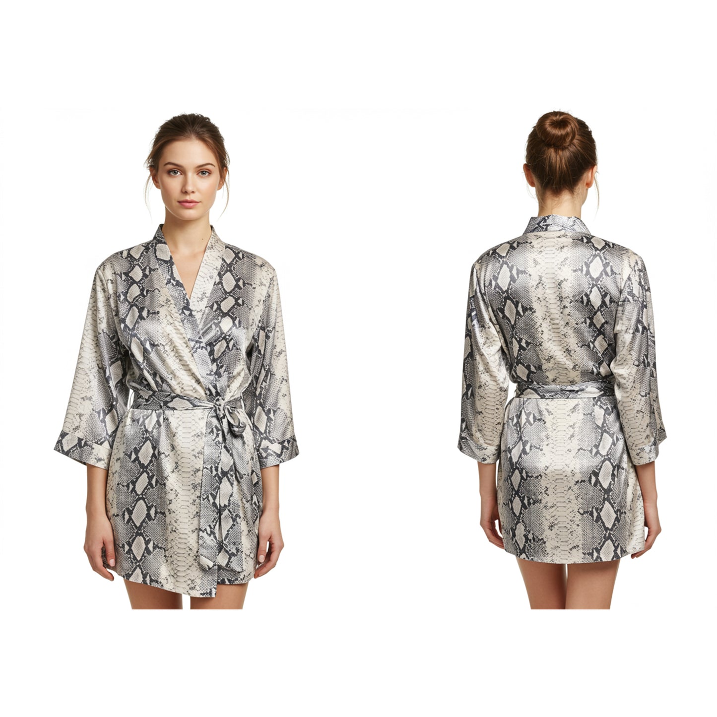 Silver zebra print satin robe for women with relaxed fit and kimono sleeves