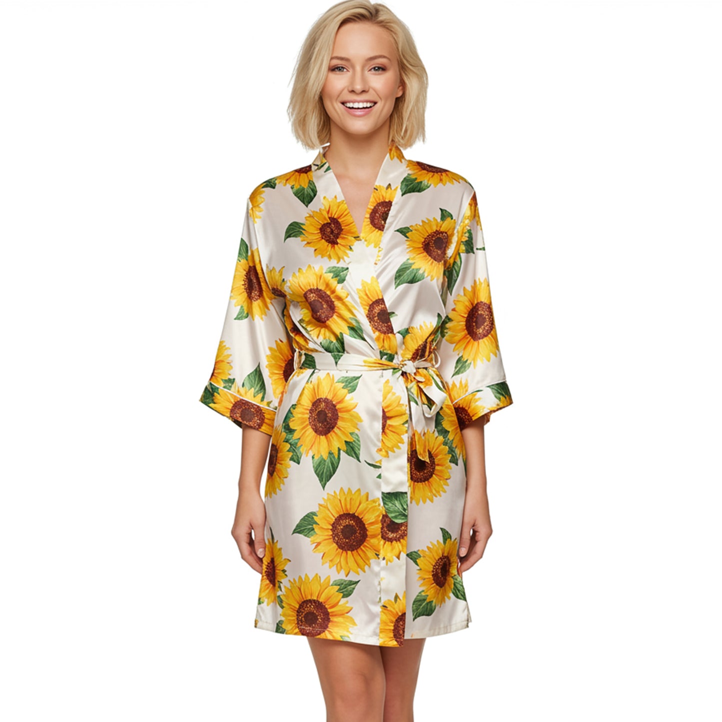 Sunflower printed satin robe women bridal lounge wear