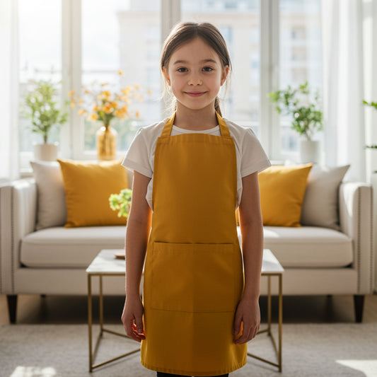 child wearing mustard yellow cotton kids apron indoors