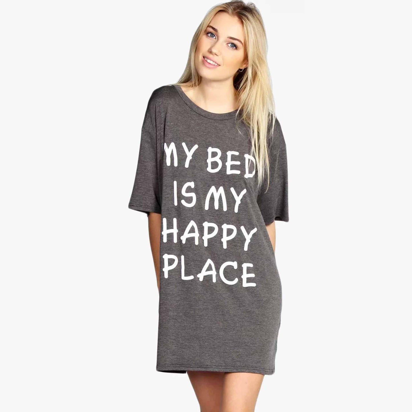  a gray t-shirt dress with 'My bed is my happy place' text on a white background