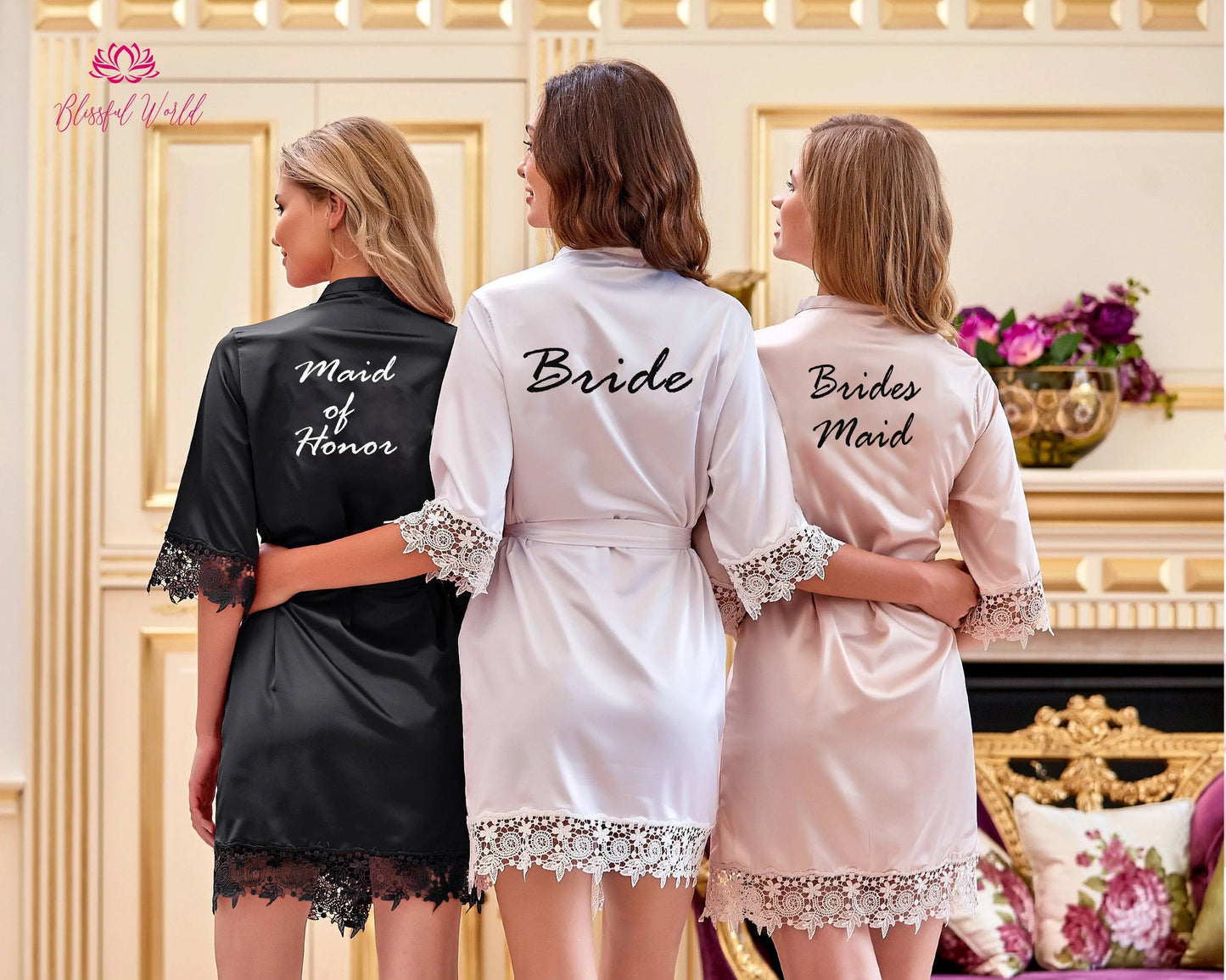 Personalized Bridesmaid robes, Wedding Dressing Gown, foliage floral Bridal robe, Robes, Satin Wedding Robe, grey bridal Robe, bridal robe, Robes