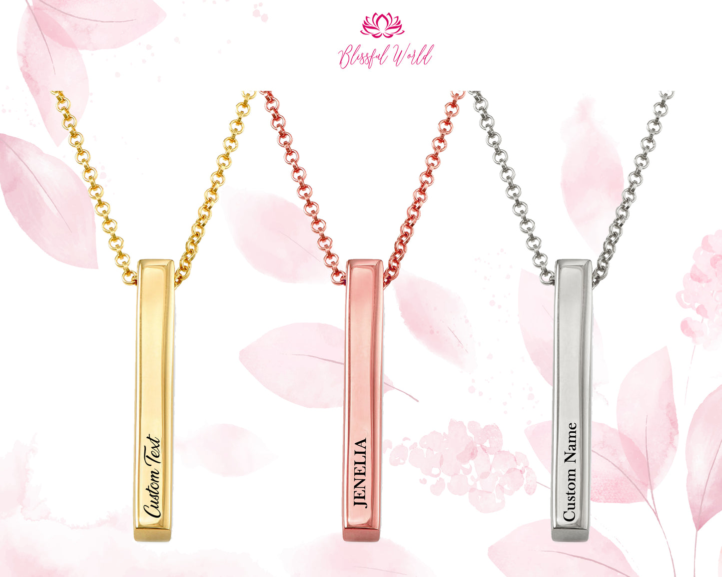 Personalized Engraving,Customize Name Bar Necklace Square 3D Bar Custom Name Necklace Stainless Steel Pendant Women/Men Wedding Gifts
