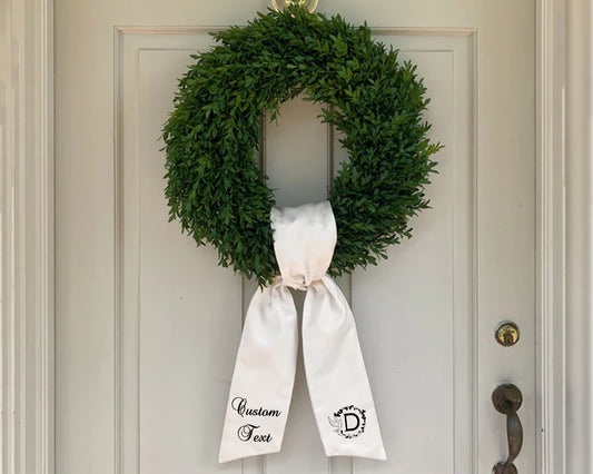 Monogram wreath sash Customize wreath, thanksgiving, boxwood, embroidered, monogram, ribbon, fall, classic, door, ivory, cotton, Christmas