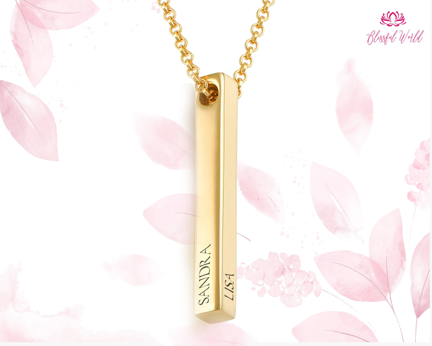 Personalised Bar Necklace, Custom Engraved Name 3D Vertical Bar Necklace Customise Name Necklace Stainless Steel Pendant Jewellery Gifts