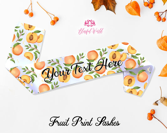 Fruit Sash, Sashes, Yellow print Sash, Peach Sash, Neutral Baby Shower, Bridal Party Hen Do, Personalized Sash, Custom name