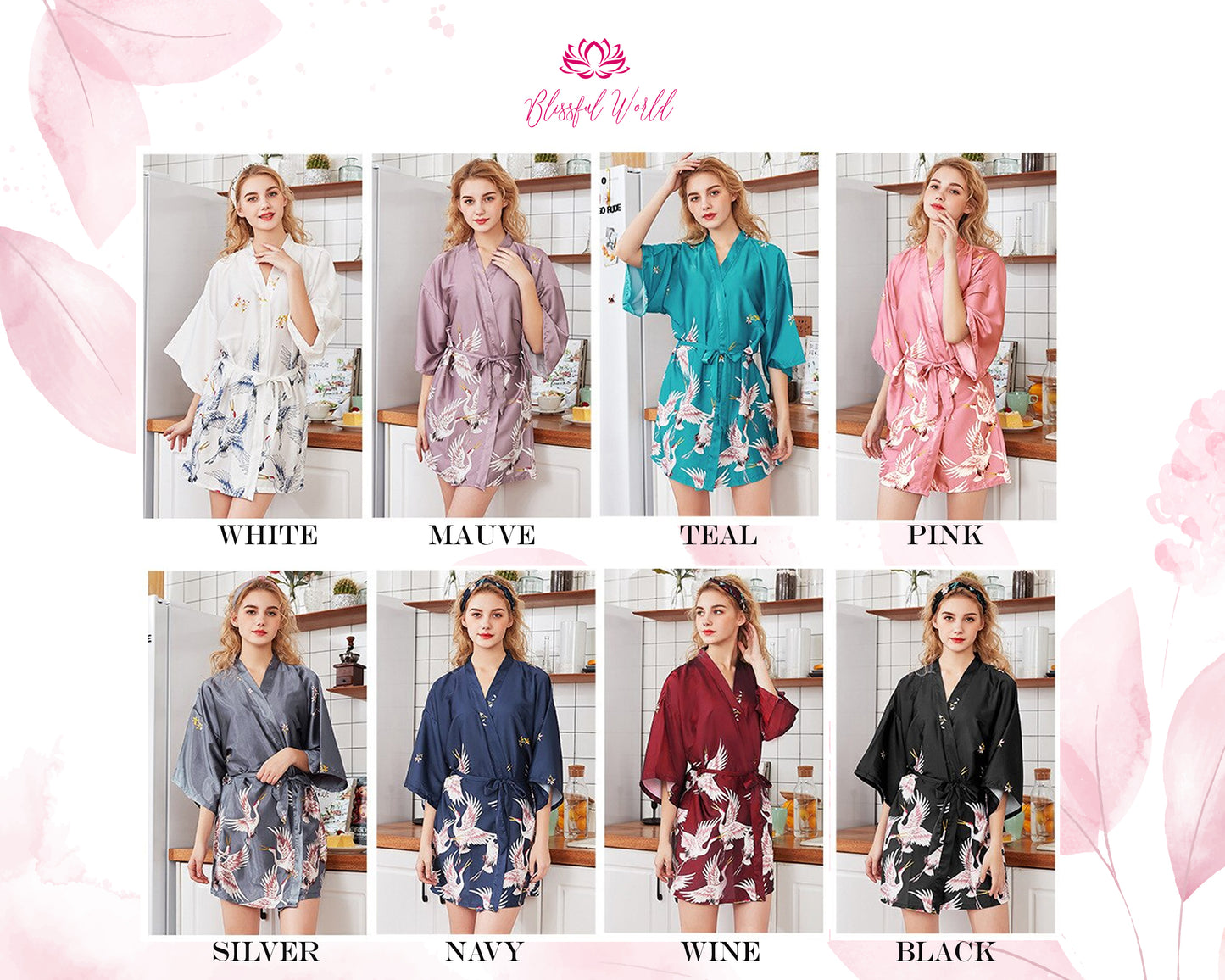 Printed Kimono Robes Customized New Bird Print Robes Bridesmaid Robe Personalized Robes Custom Robes Bridal Robe Kimono Robes Satin Robe Birds Printed Robes party robes gift for her