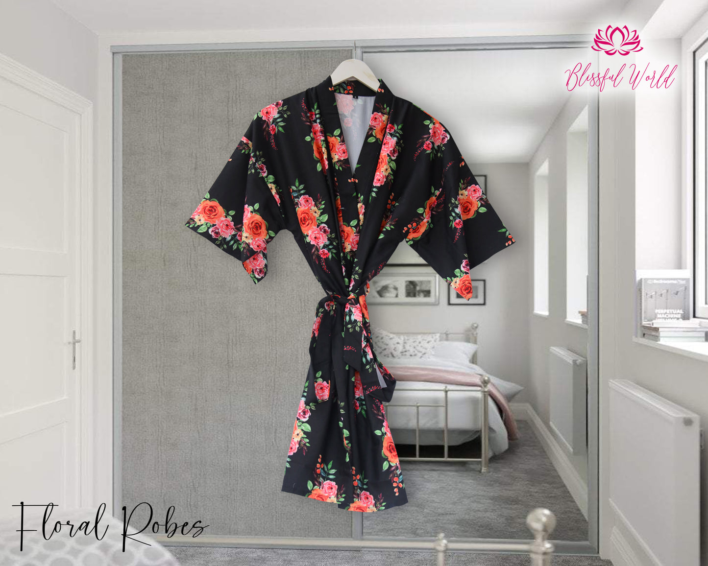 Robe, Personalized Robes, Custom Text, Floral Kimono, Floral Robes, Bridal Party, Wedding Robes, Satin Robe, Print Robes, Floral satin Robe