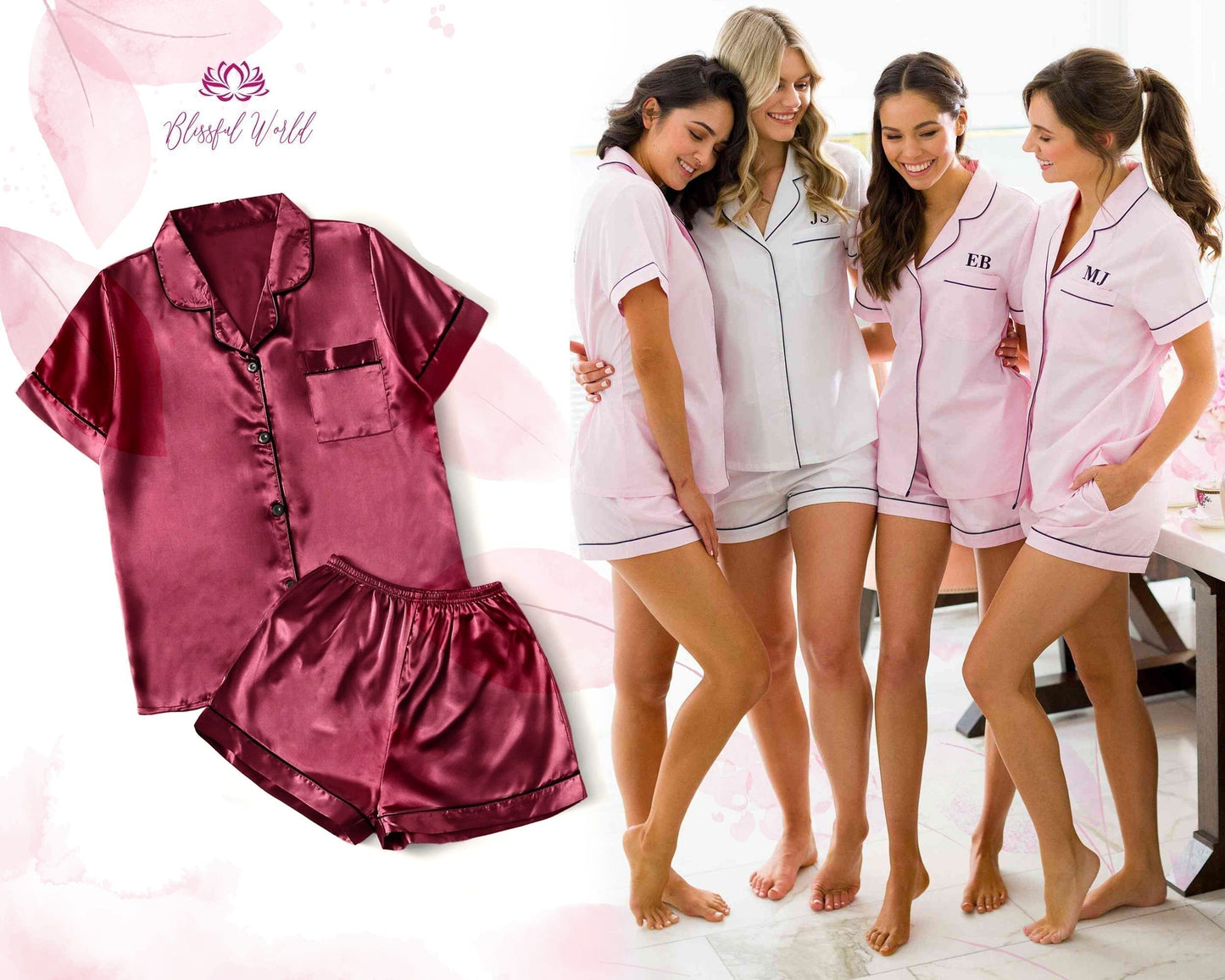 Super soft satin short sleeve+shorts wedding pyjamas set, bridesmaid pyjamas, wedding pajamas, bridesmaid gift