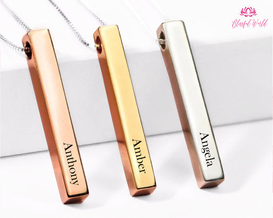 Personalized Engraving,Customize Name Bar Necklace Square 3D Bar Custom Name Necklace Stainless Steel Pendant Women/Men Wedding Gifts
