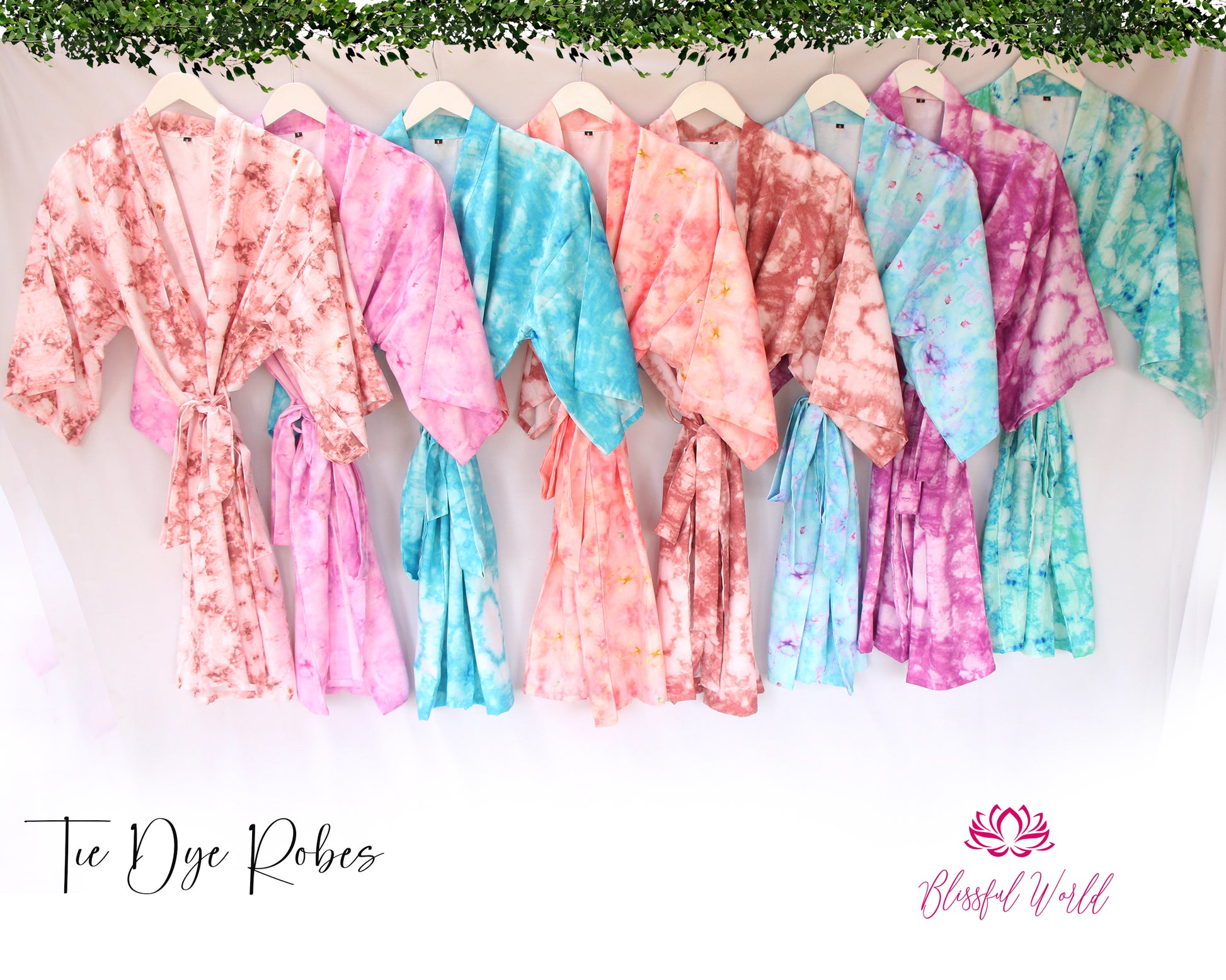 A collection of vibrant tie-dye robes in various colors, perfect for bridal parties, bridesmaids, and lounging in style.