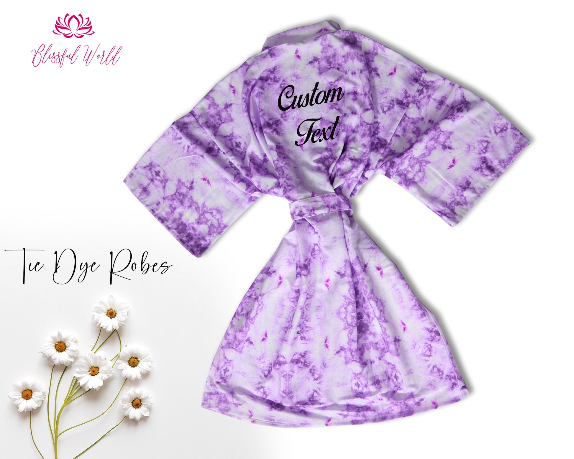 Soft purple tie-dye robe with custom text, perfect for comfort and style.