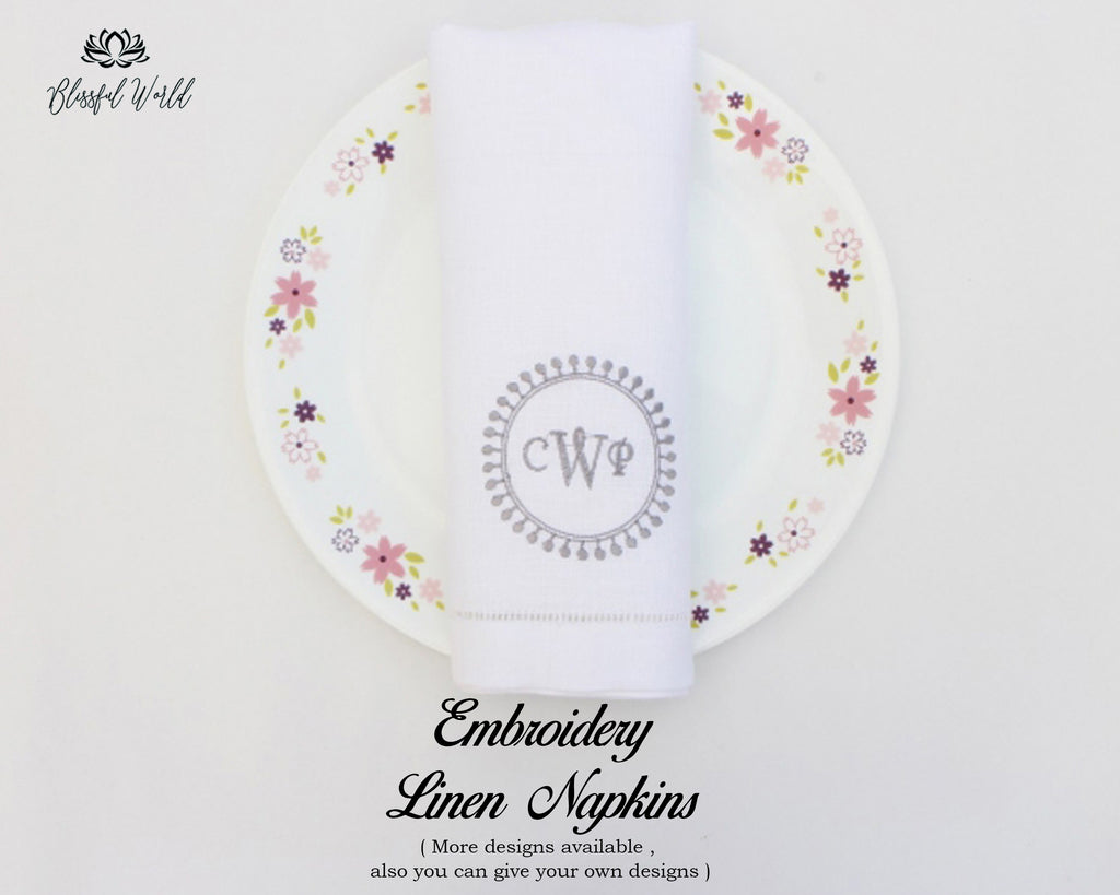 Hand Embroidered Linen Napkins Custom Linen Napkin Personalized Linen Napkin Hemstitched Linen Napkin 