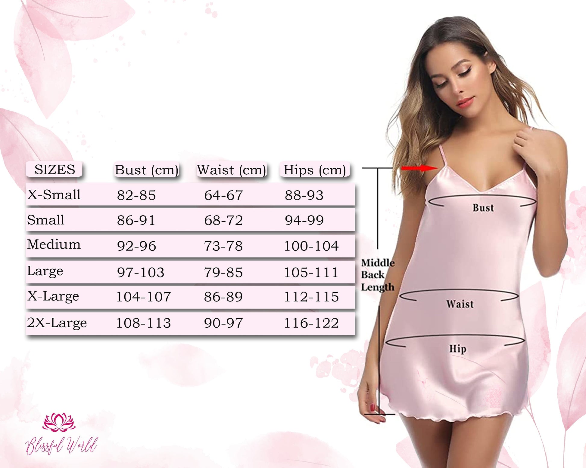 Size chart  waist of nightwear hips size of nightwear bust of nightwear 